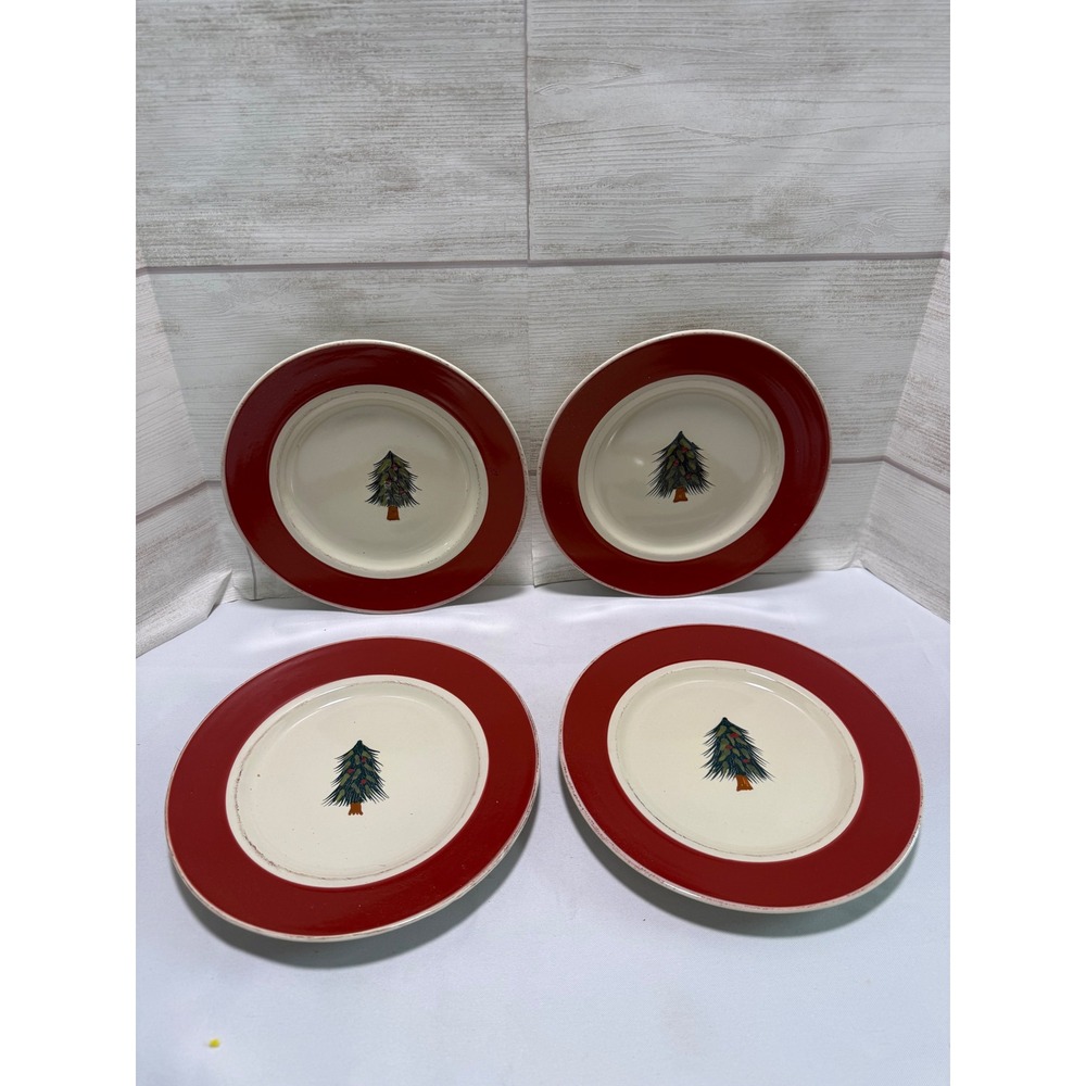 Pier 1 Rustic Tree Christmas Salad Plates Set 4 Red Rim Hand Painted Stoneware